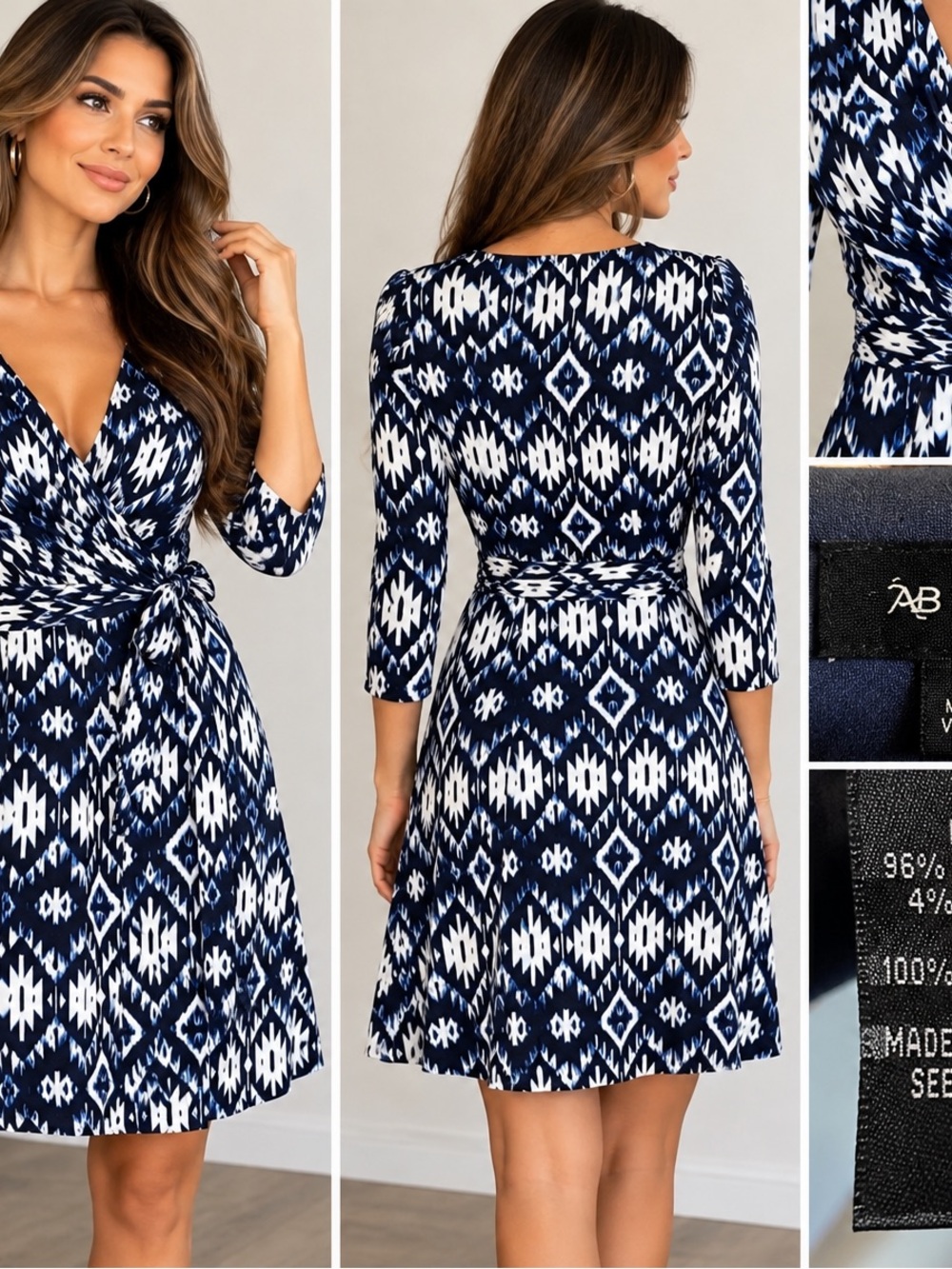 AB Studio NWT Navy White Ikat Tie Waist Dress Size Large